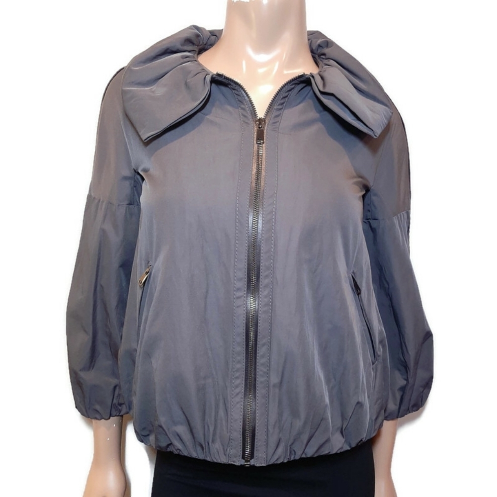 Ann Taylor Cropped Taffeta Bubble Sleeve Zip Front Jacket Womens Size XS Grey